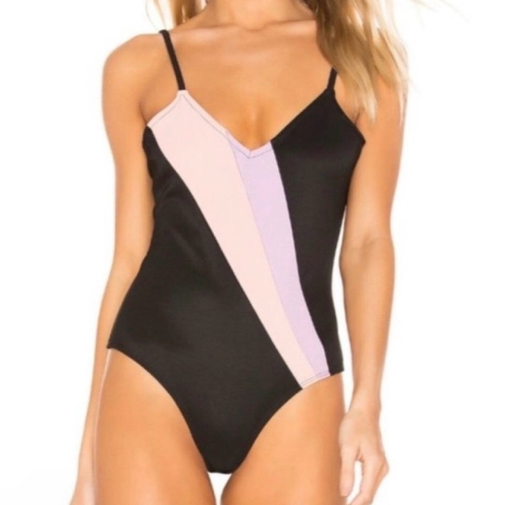 Lovers + Friends Black One-Piece with Pink & Lavender Panels